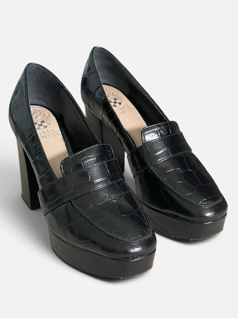 Vince Camuto Medrana Black Croc-Embossed Leather Platform Sz 6 High Chunky Heel